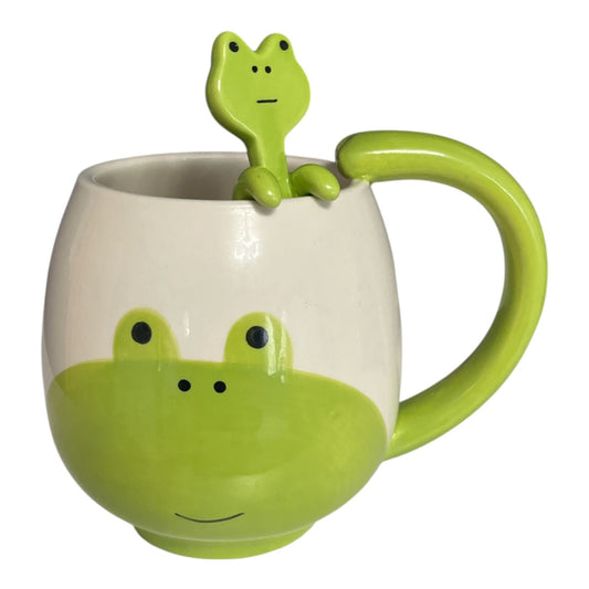 Frog Face Ceramic Mug with Matching Spoon – Green Handle, Cute Amphibian Design