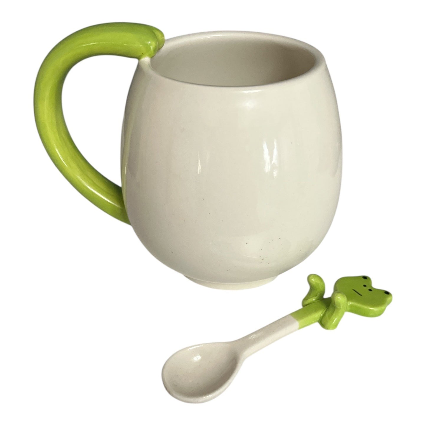 Frog Face Ceramic Mug with Matching Spoon – Green Handle, Cute Amphibian Design