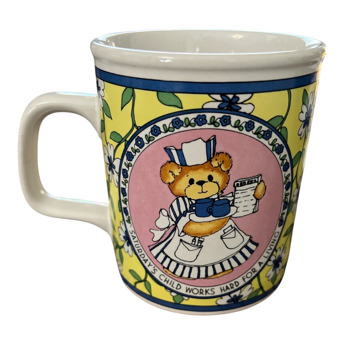 Vintage Lucy & Me Saturday's Child Teddy Bear Coffee Mug 1986 Enesco Korea Floral