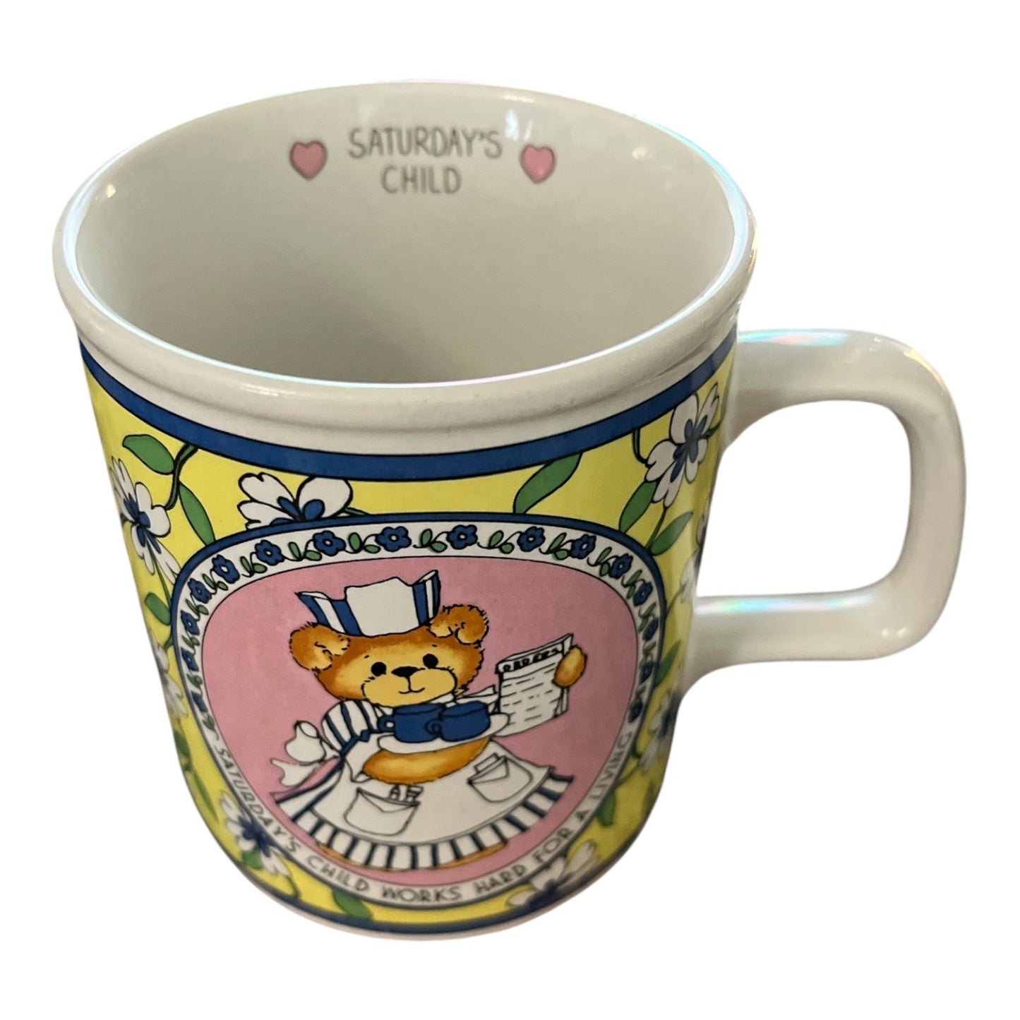 Vintage Lucy & Me Saturday's Child Teddy Bear Coffee Mug 1986 Enesco Korea Floral
