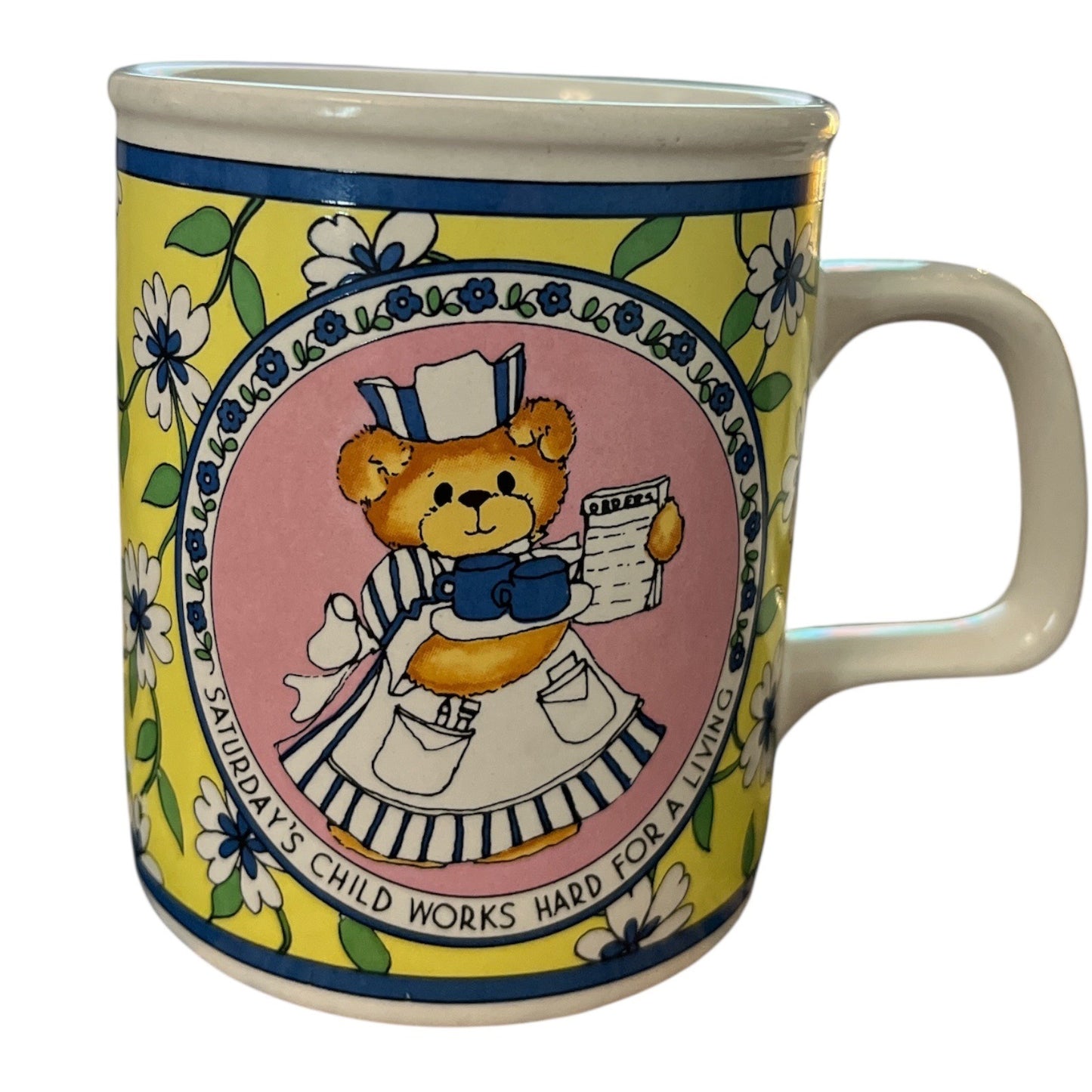 Vintage Lucy & Me Saturday's Child Teddy Bear Coffee Mug 1986 Enesco Korea Floral