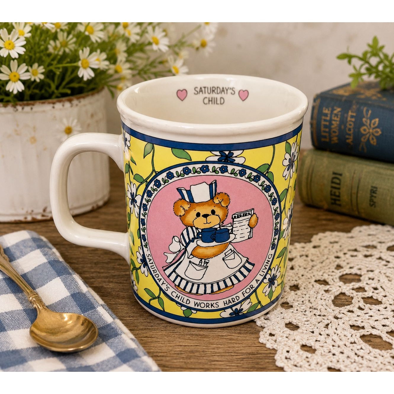 Vintage Lucy & Me Saturday's Child Teddy Bear Coffee Mug 1986 Enesco Korea Floral