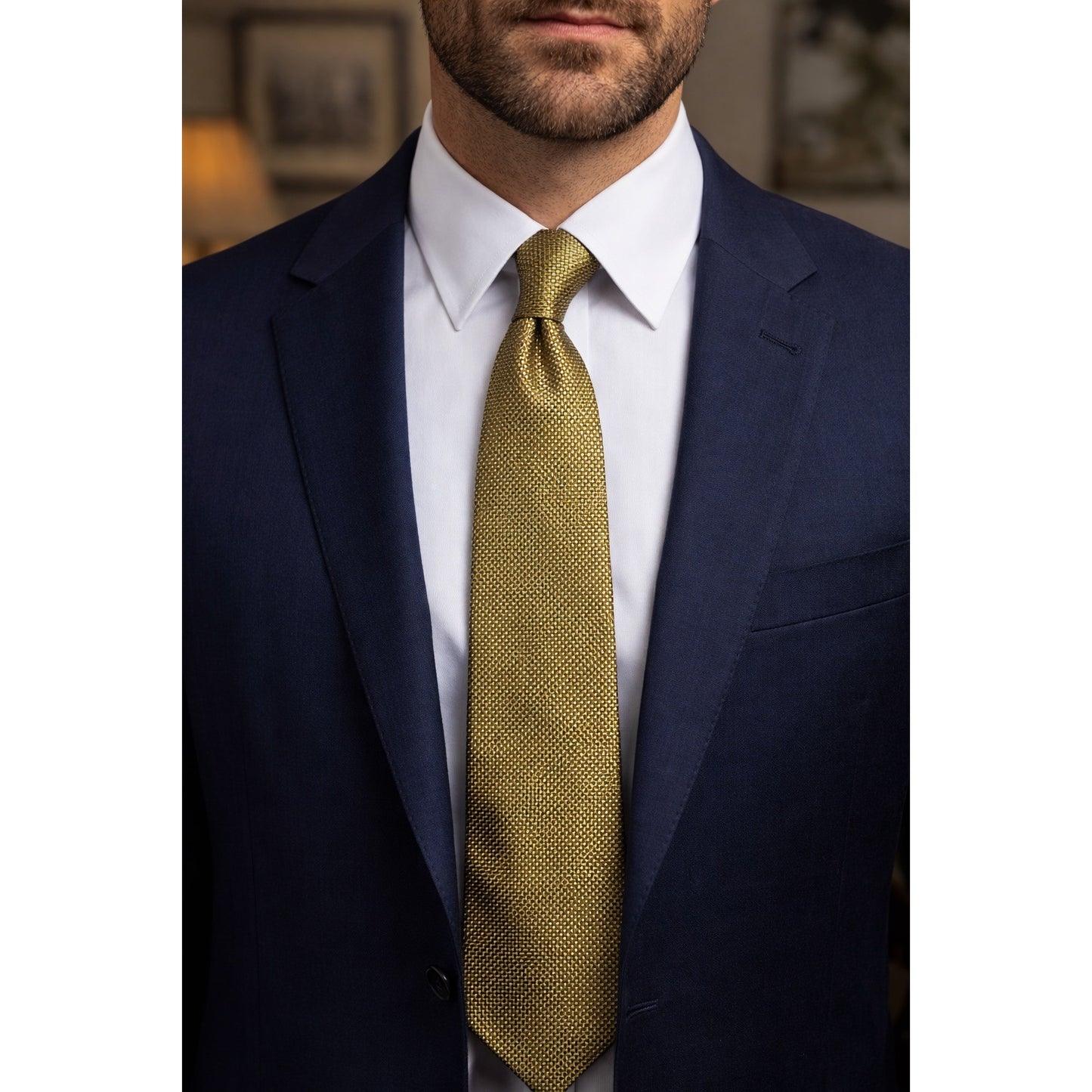 Vintage Henry Jacobson Silk Tie Gold Geometric Pattern Classic Mens Necktie