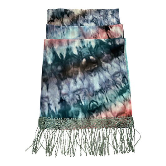 Boho Tie-Dye Fringe Scarf with Lace Trim – Multicolor Polyester