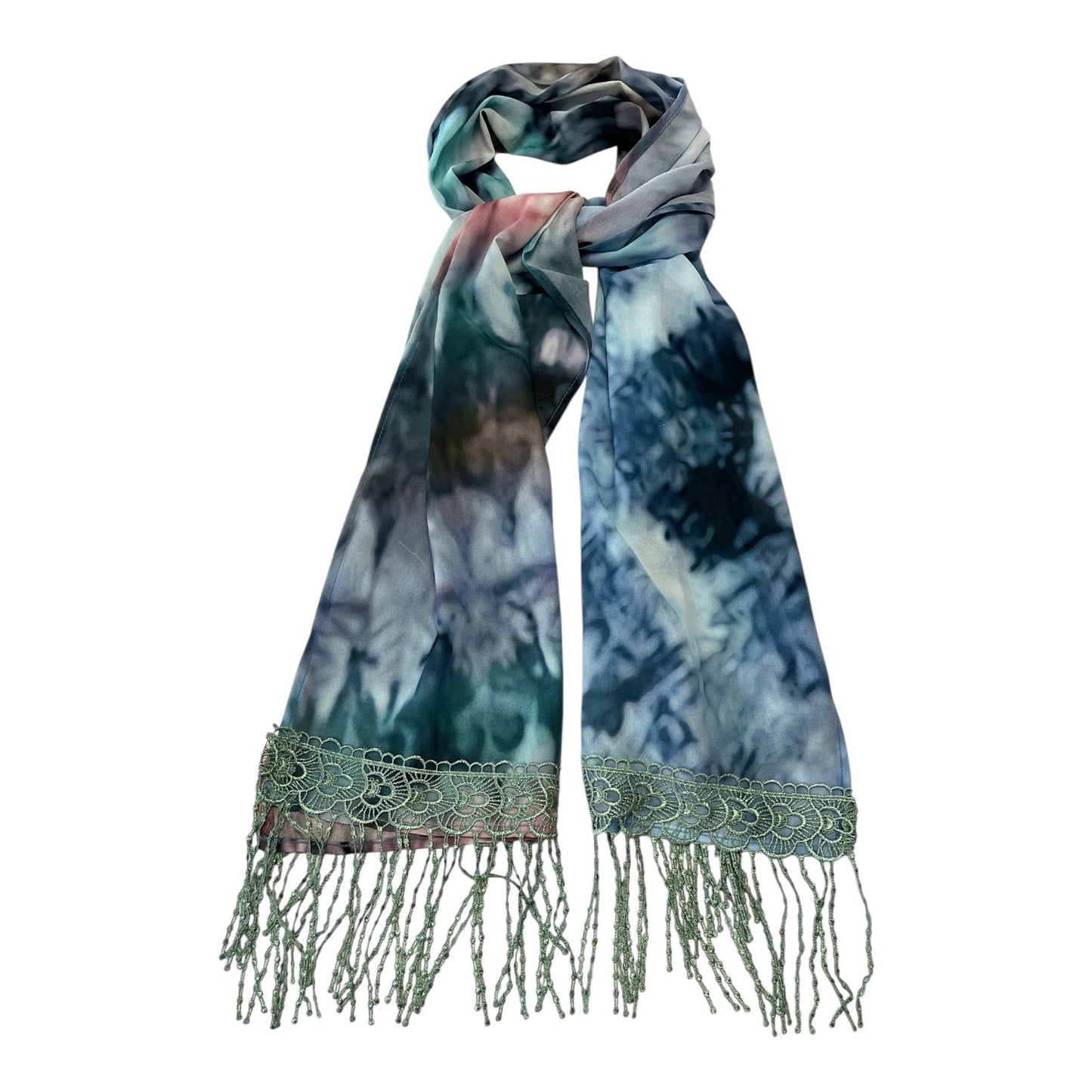 Boho Tie-Dye Fringe Scarf with Lace Trim – Multicolor Polyester
