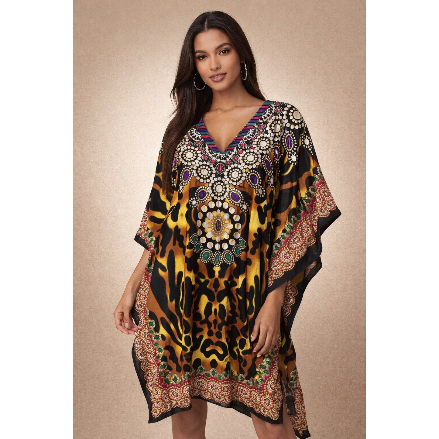 Ashro Y2K Embellished Kaftan Tunic Animal Print Rhinestone One Size