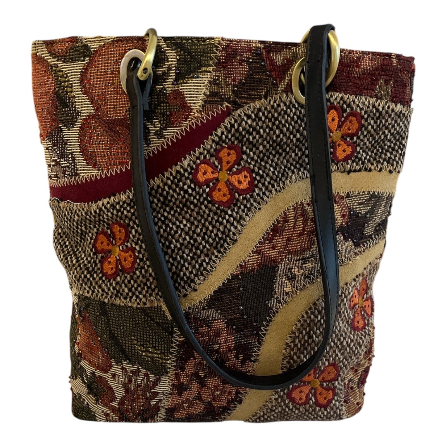 Vtg Bueno Boho Tapestry Tote Purse – Floral & Fruit Embroidery, Beaded Accents