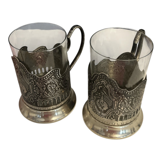 Pair of Vintage Soviet Space Age Tea Glass Holders – USSR Melchior Podstakannik with Glass Inserts – Marked Bases – 1960s–1980s Russian Rail
