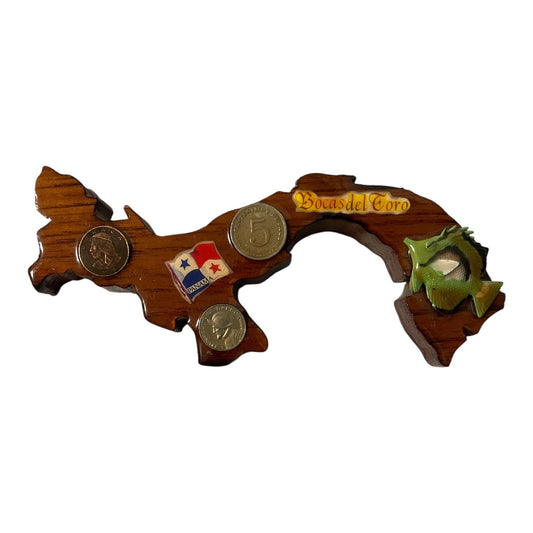 Vintage Panama Bocas del Toro Souvenir Wooden Wall Hanging with Coins and Fish Accent