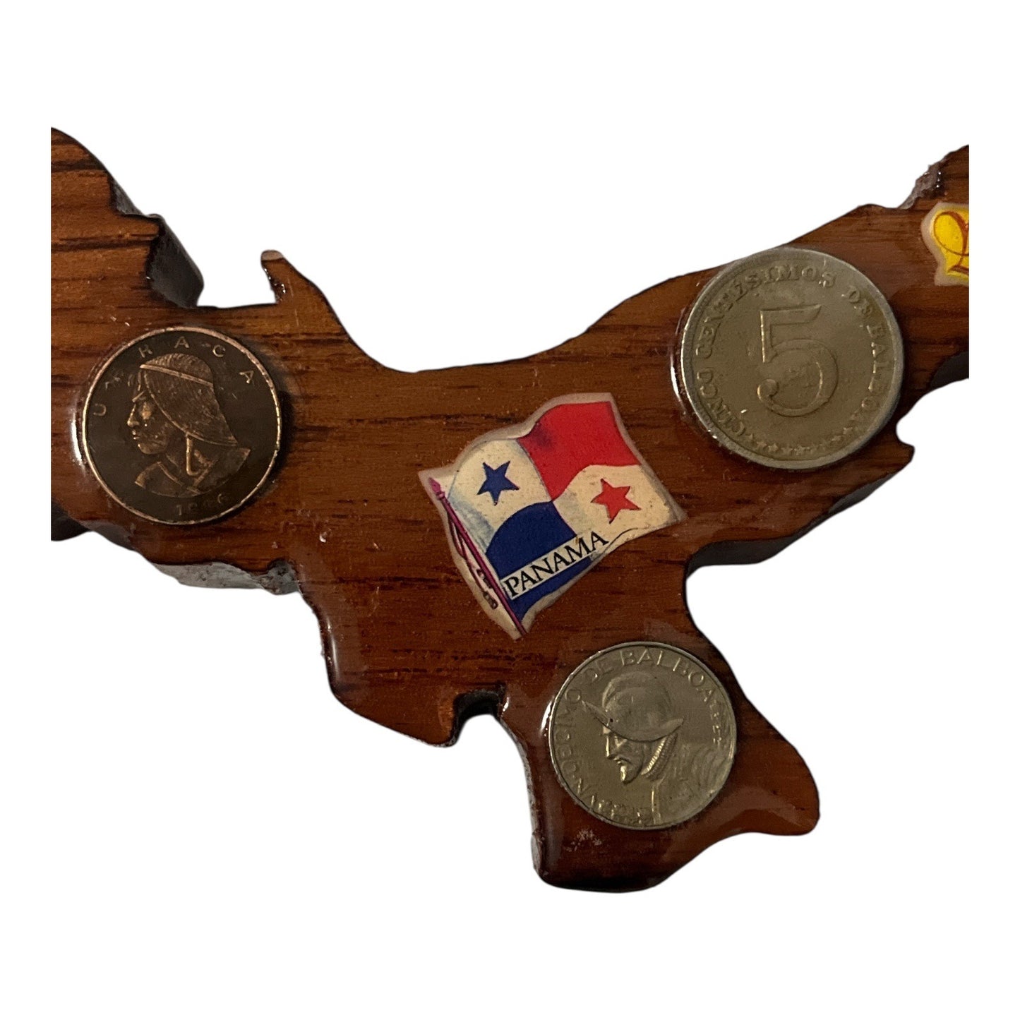 Vintage Panama Bocas del Toro Souvenir Wooden Wall Hanging with Coins and Fish Accent