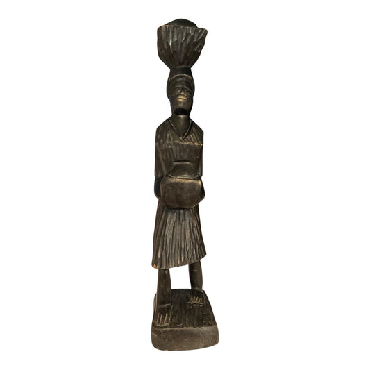 Vintage African Hand-Carved Wood Female Figure – 13.5" Tribal Woman Statue with Bowl