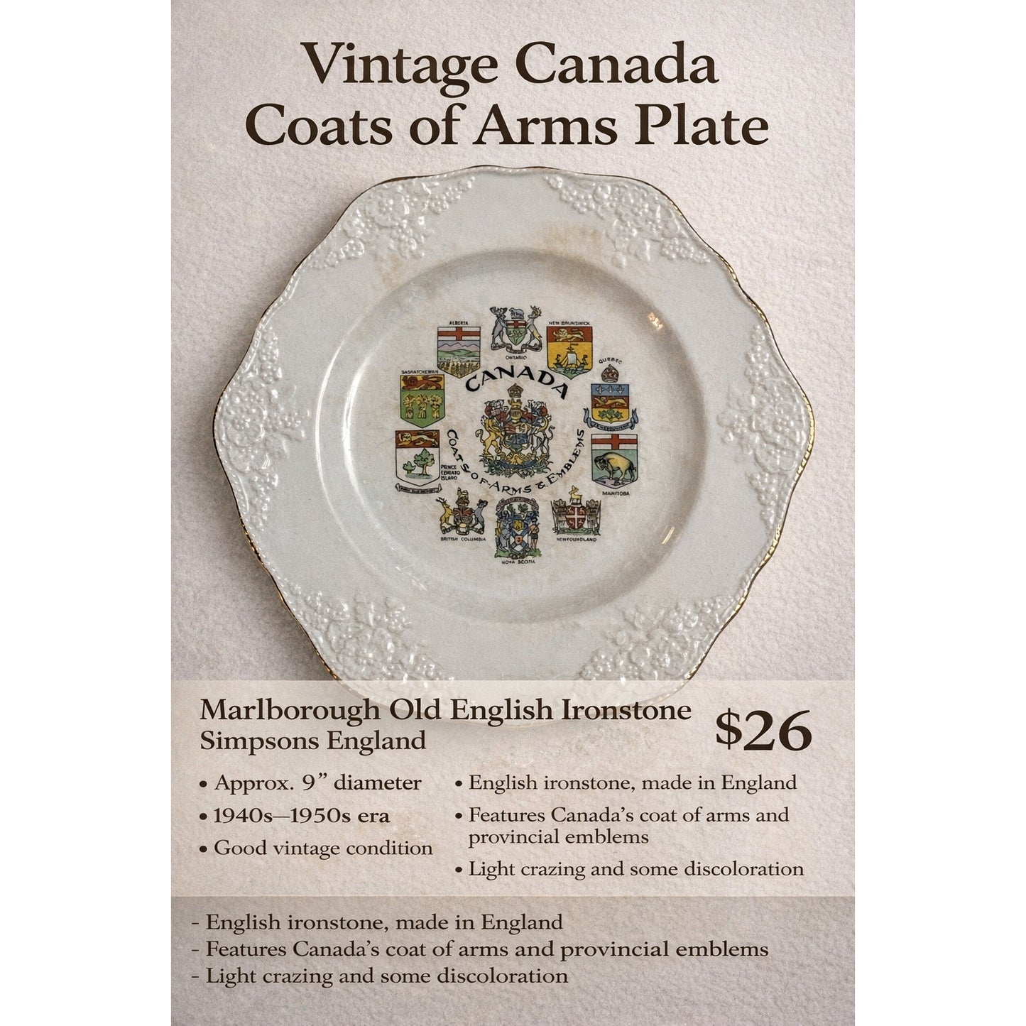 Vintage Canada Coats of Arms Plate Marlborough Old English Ironstone Simpsons England