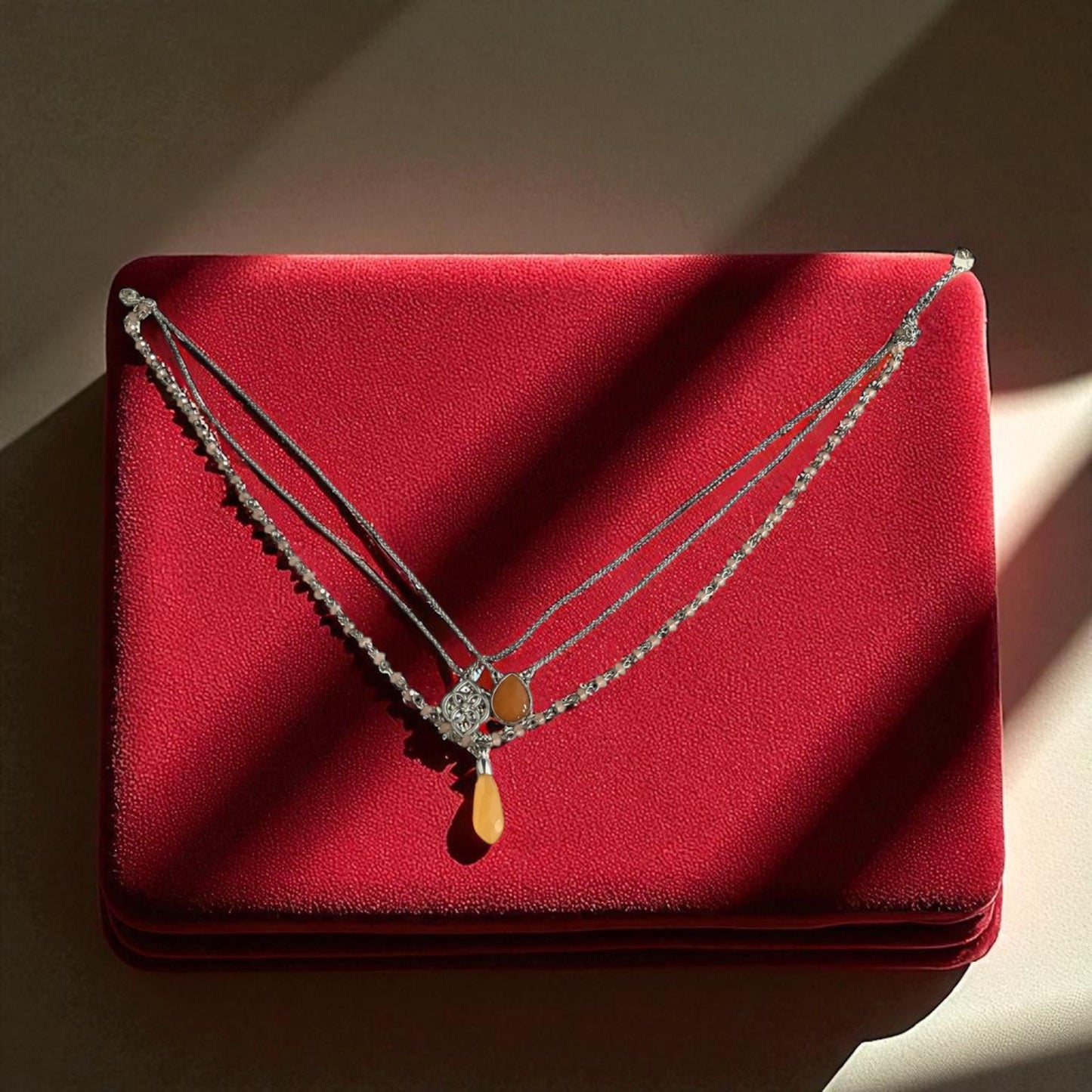 Chaps Y2K Layered Necklace with Orange Glass Teardrop Pendant