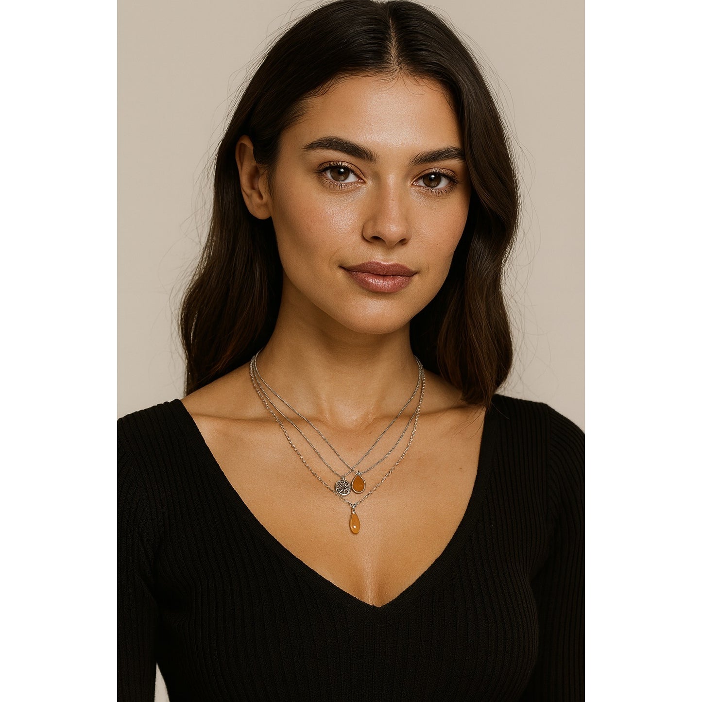 Chaps Y2K Layered Necklace with Orange Glass Teardrop Pendant