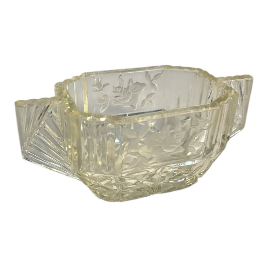 Vintage Pressed Glass Candy Dish with Floral Etch & Fan Handles | Art Deco Style 5.5”