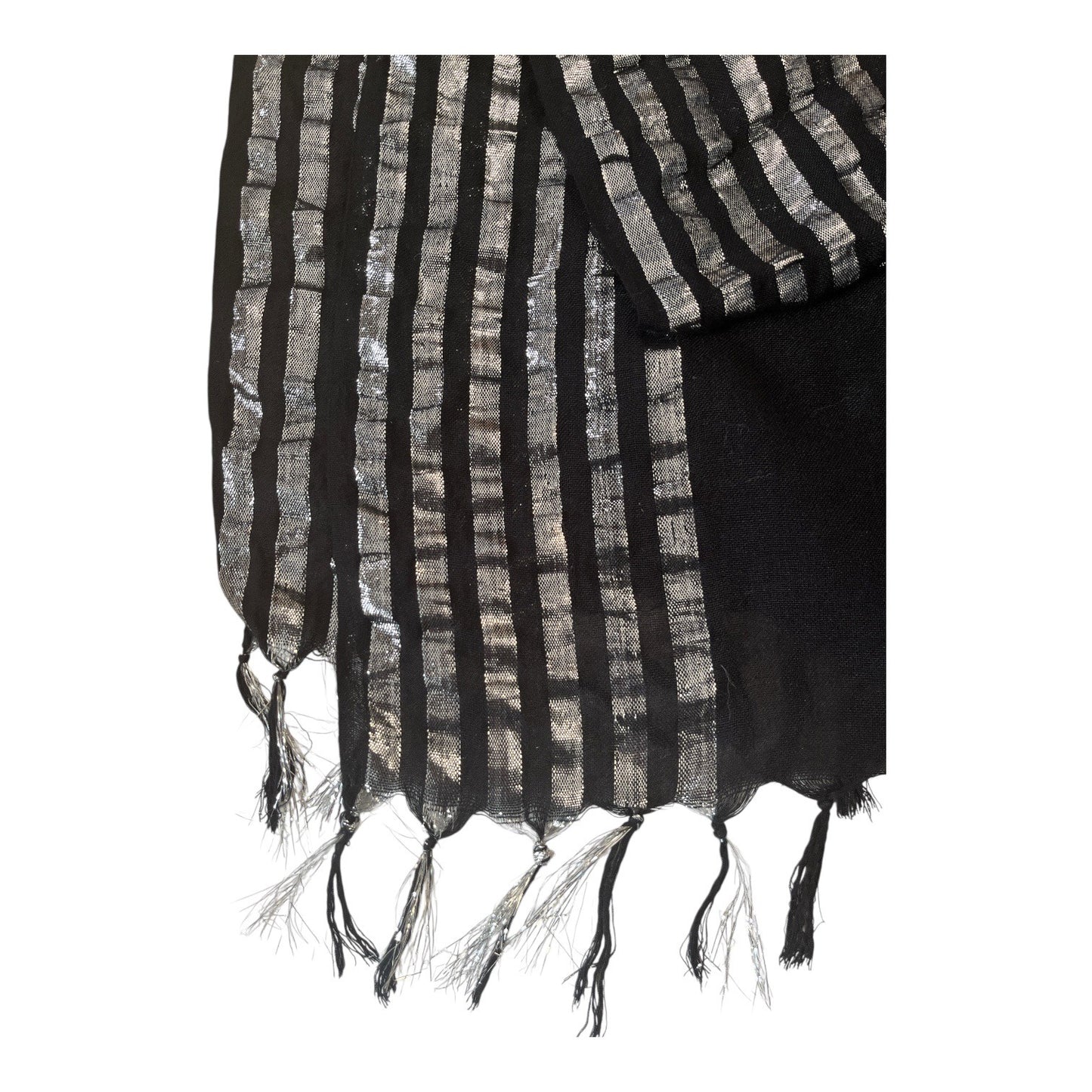 Y2K Soaked Black Silver Stripe Scarf Viscose Fringe Wrap Made in India