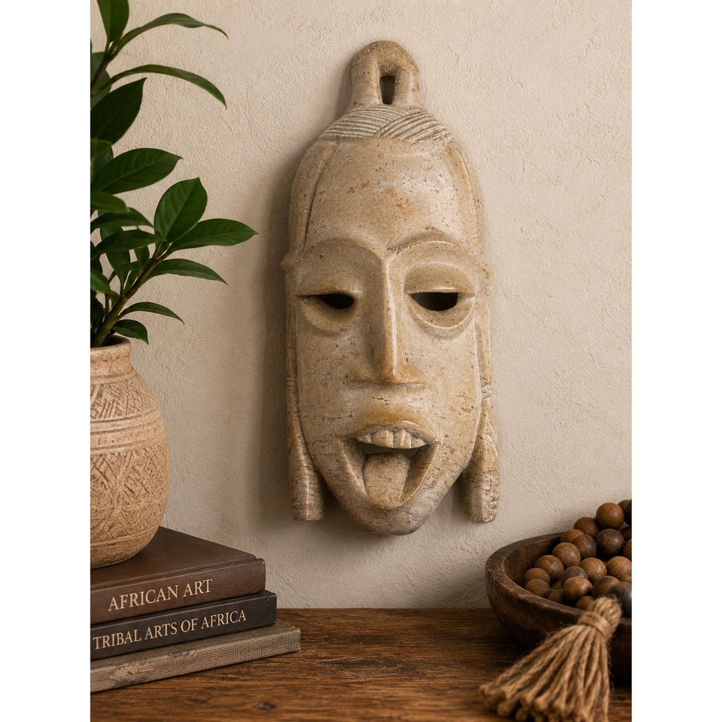 Vintage Hand Carved Stone Tribal Mask Wall Hanging 10” x 5” Folk Art Sculpture