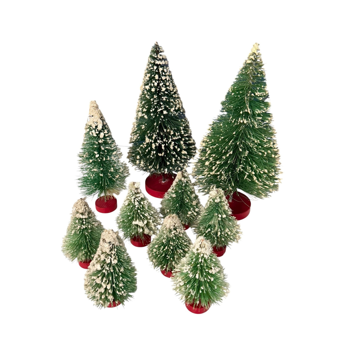 Vintage Bottle Brush Christmas Trees Lot of 10 Snow Flocked Red Wood Bases Putz