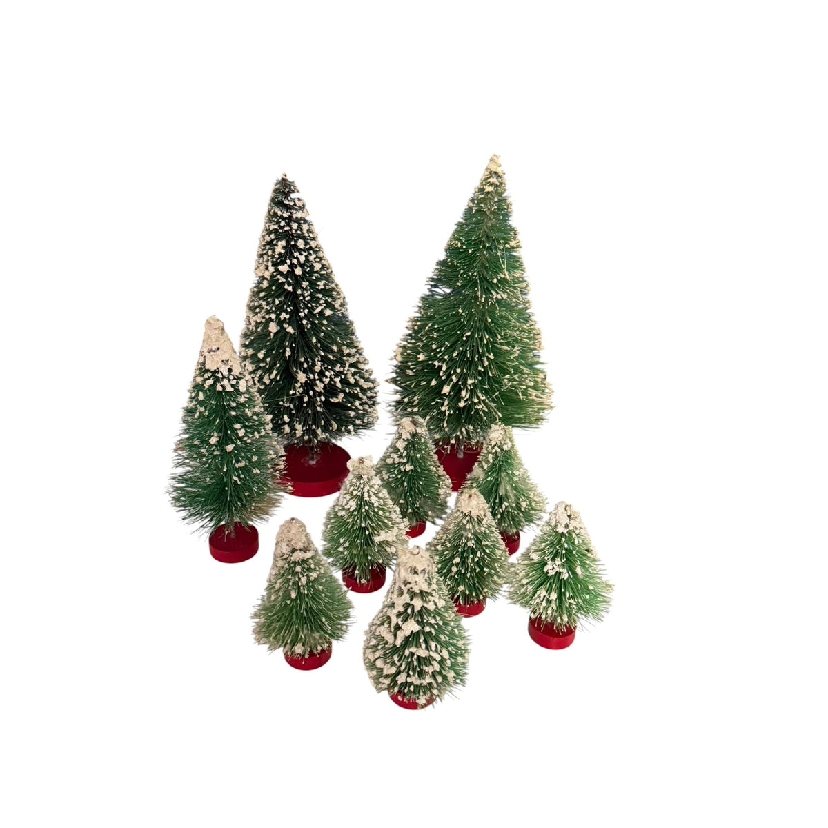 Vintage Bottle Brush Christmas Trees Lot of 10 Snow Flocked Red Wood Bases Putz