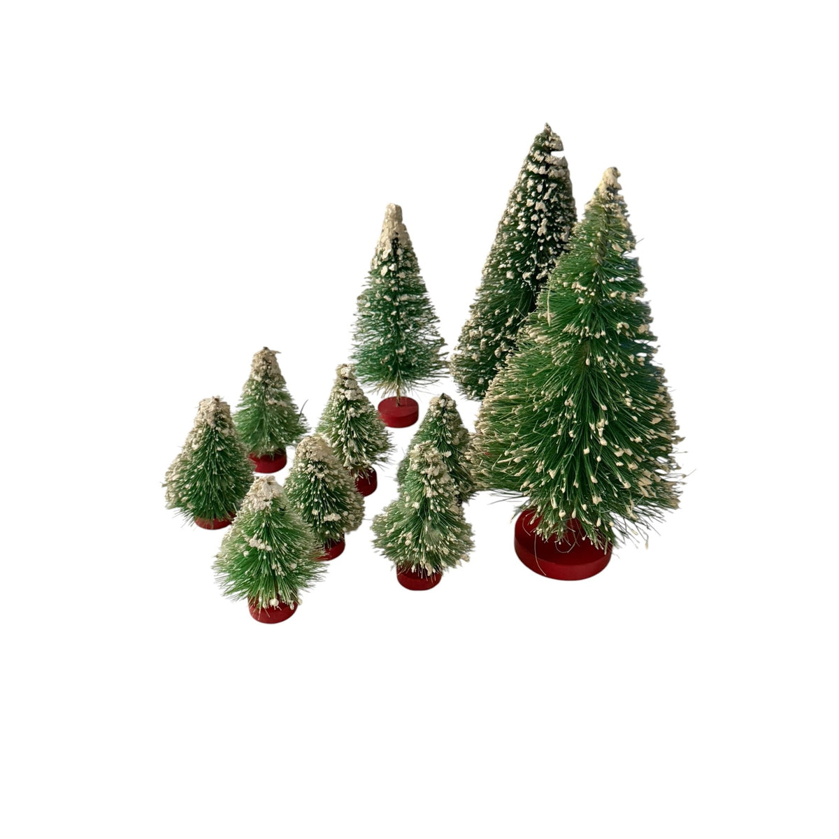 Vintage Bottle Brush Christmas Trees Lot of 10 Snow Flocked Red Wood Bases Putz
