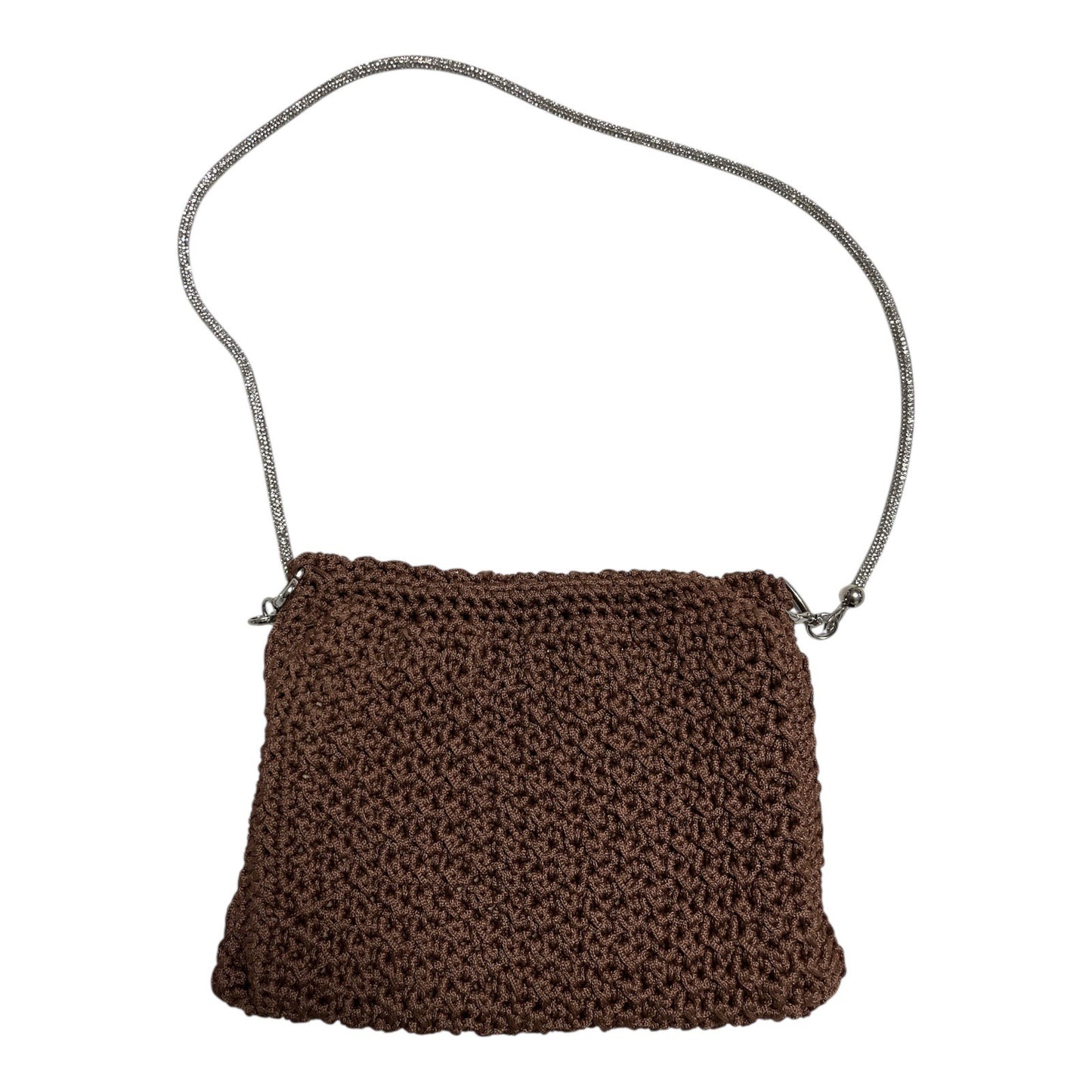 VTG Handmade Crochet Brown Shoulder Bag Rhinestone Chain Strap