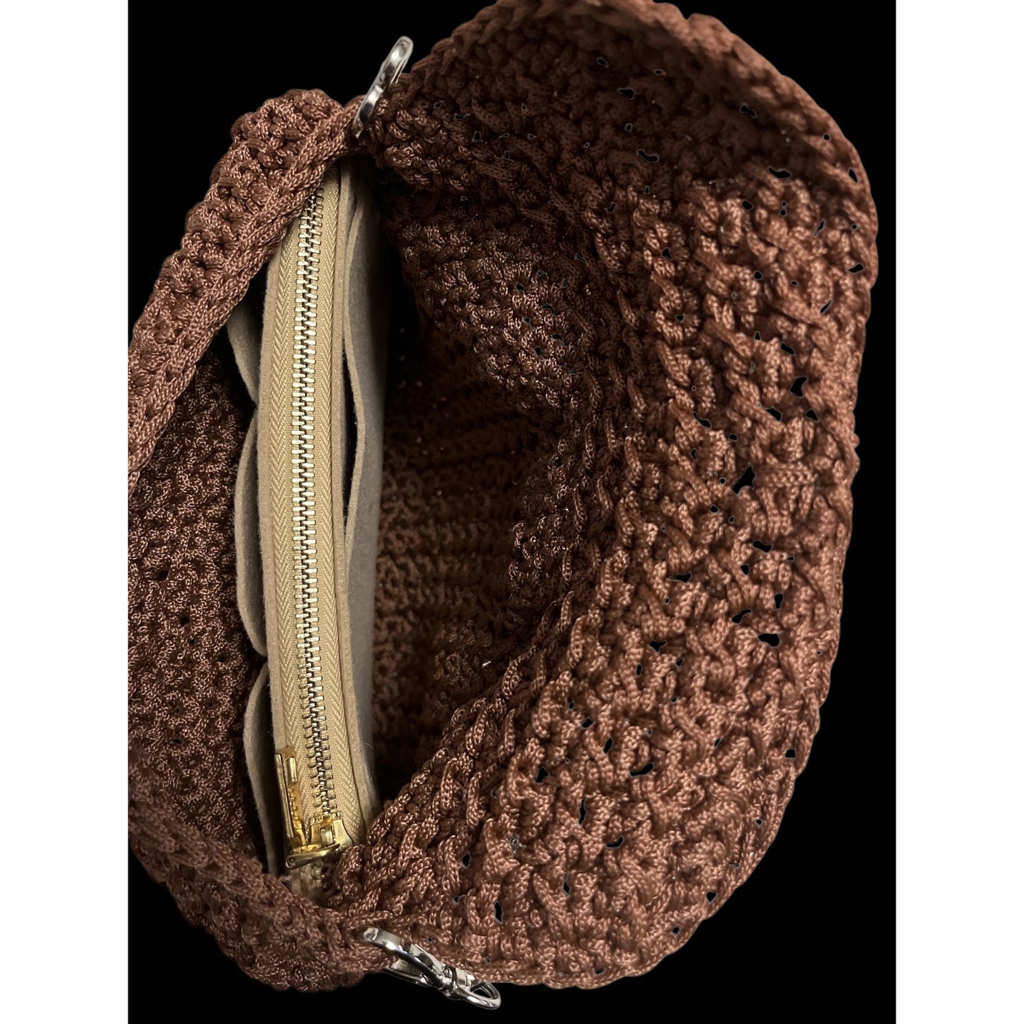 VTG Handmade Crochet Brown Shoulder Bag Rhinestone Chain Strap