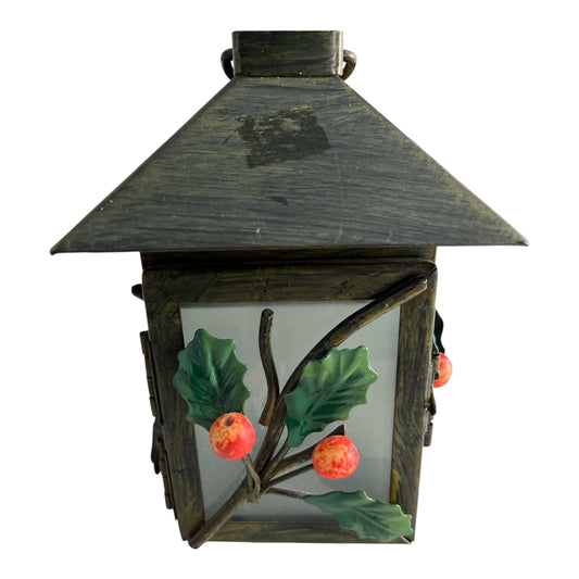 Vintage Holiday Lantern with Holly & Berry Accents – Metal & Frosted Glass