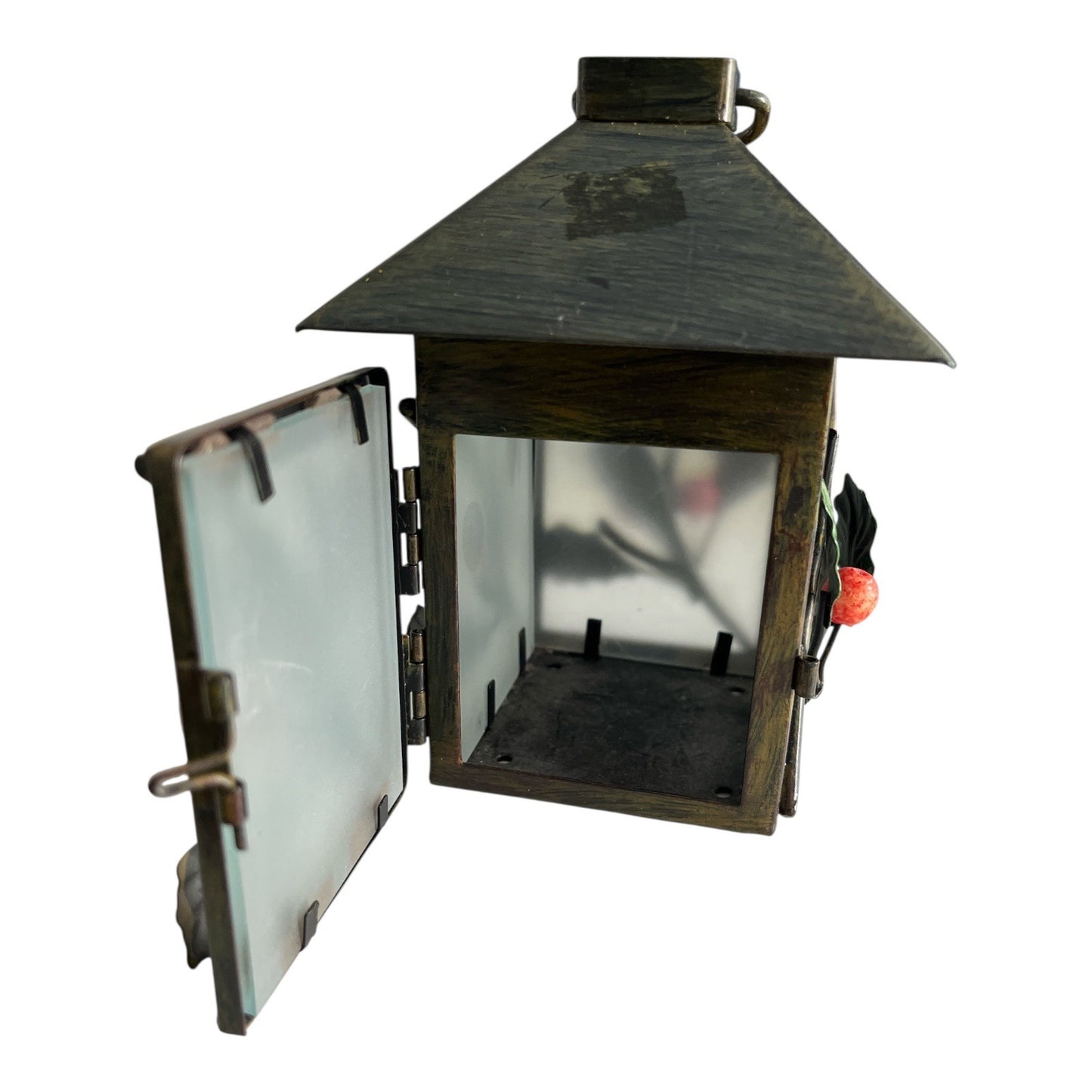Vintage Holiday Lantern with Holly & Berry Accents – Metal & Frosted Glass