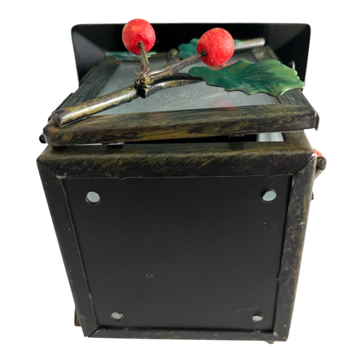 Vintage Holiday Lantern with Holly & Berry Accents – Metal & Frosted Glass