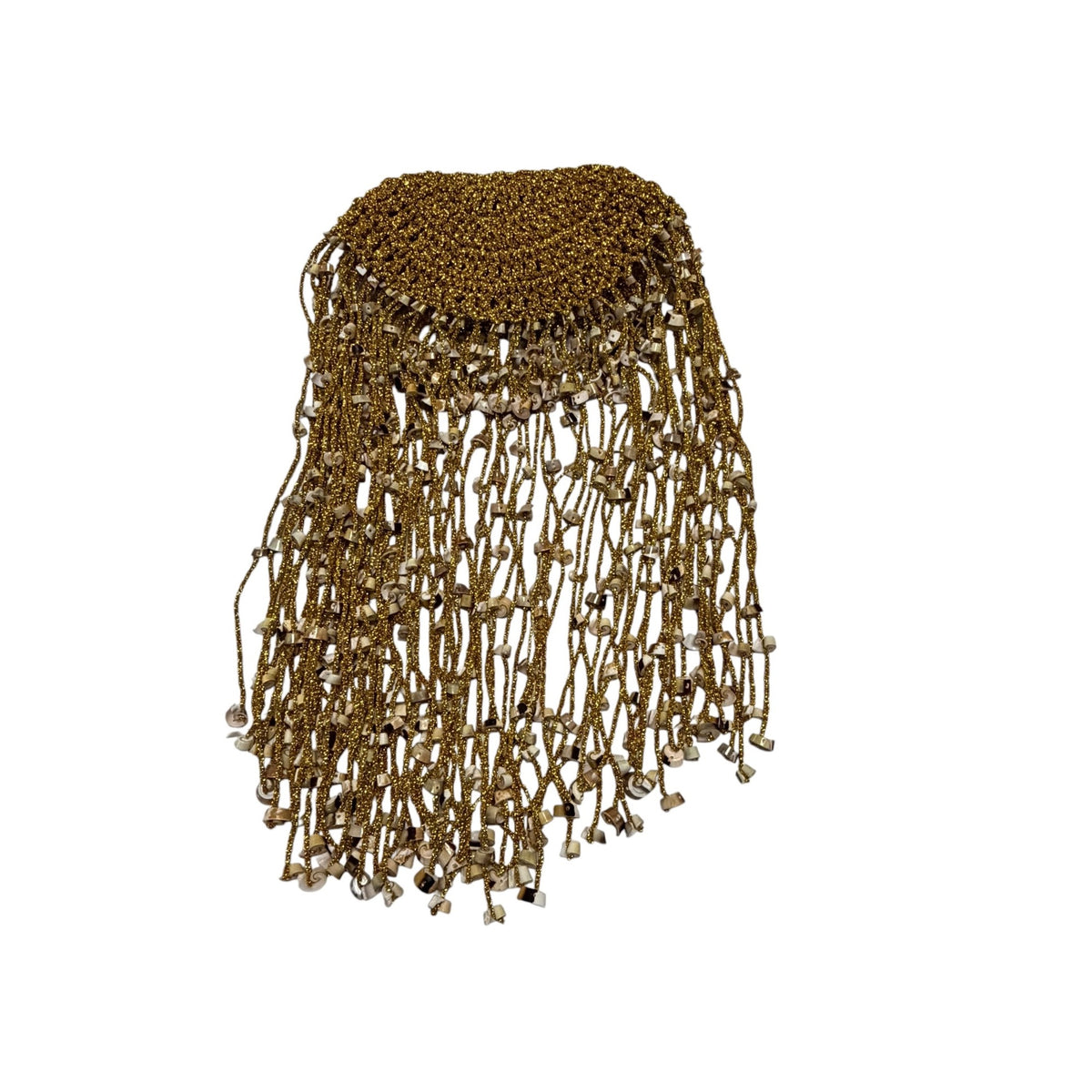 Vintage Gold Beaded Belly Dance Cleopatra Headdress Long Shell Fringe Stretch Cap