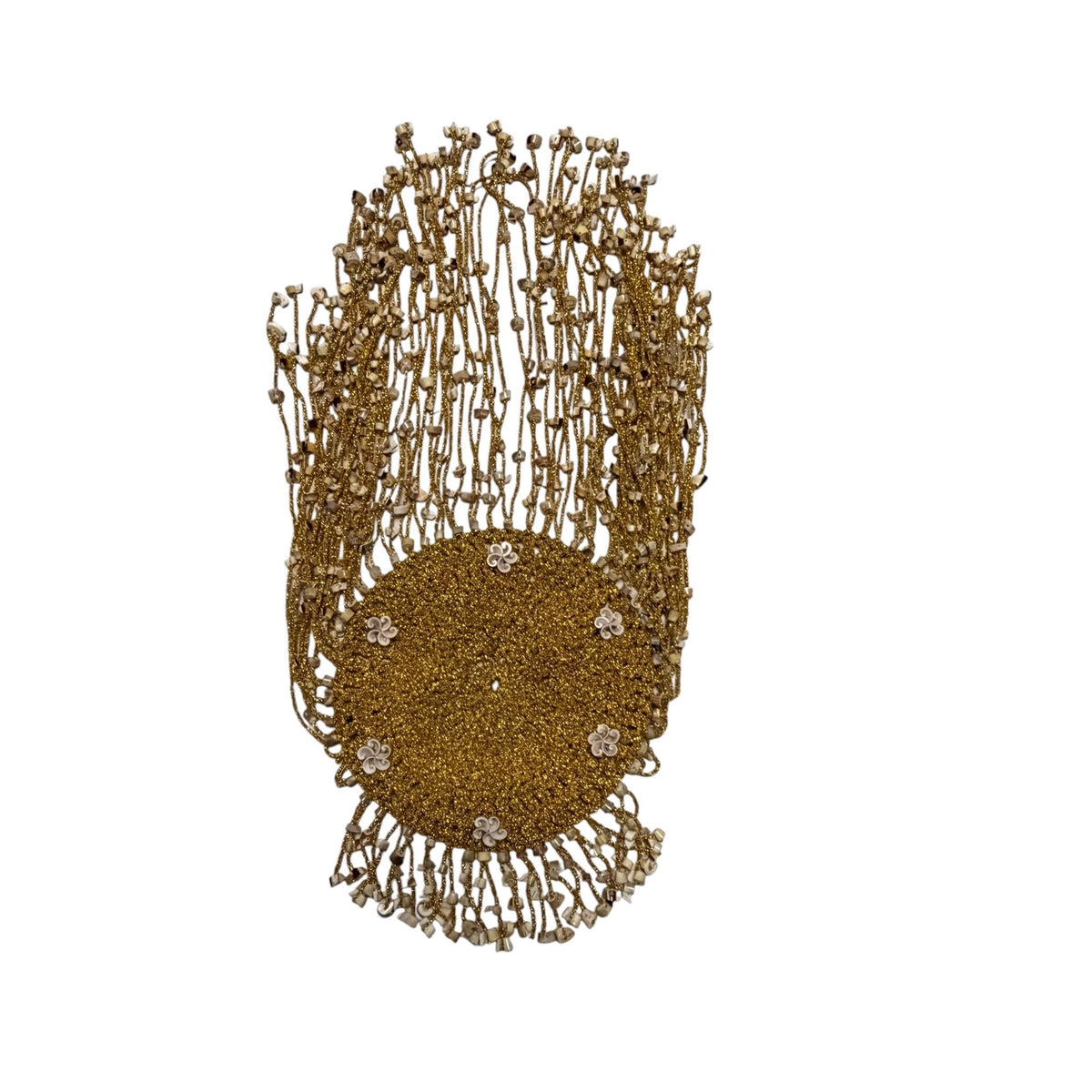 Vintage Gold Beaded Belly Dance Cleopatra Headdress Long Shell Fringe Stretch Cap