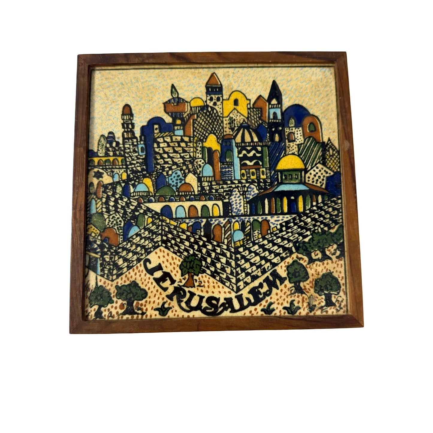Vintage Jerusalem Framed Ceramic Tile Trivet Wall Plaque Israel Folk Art 6.25 Inch