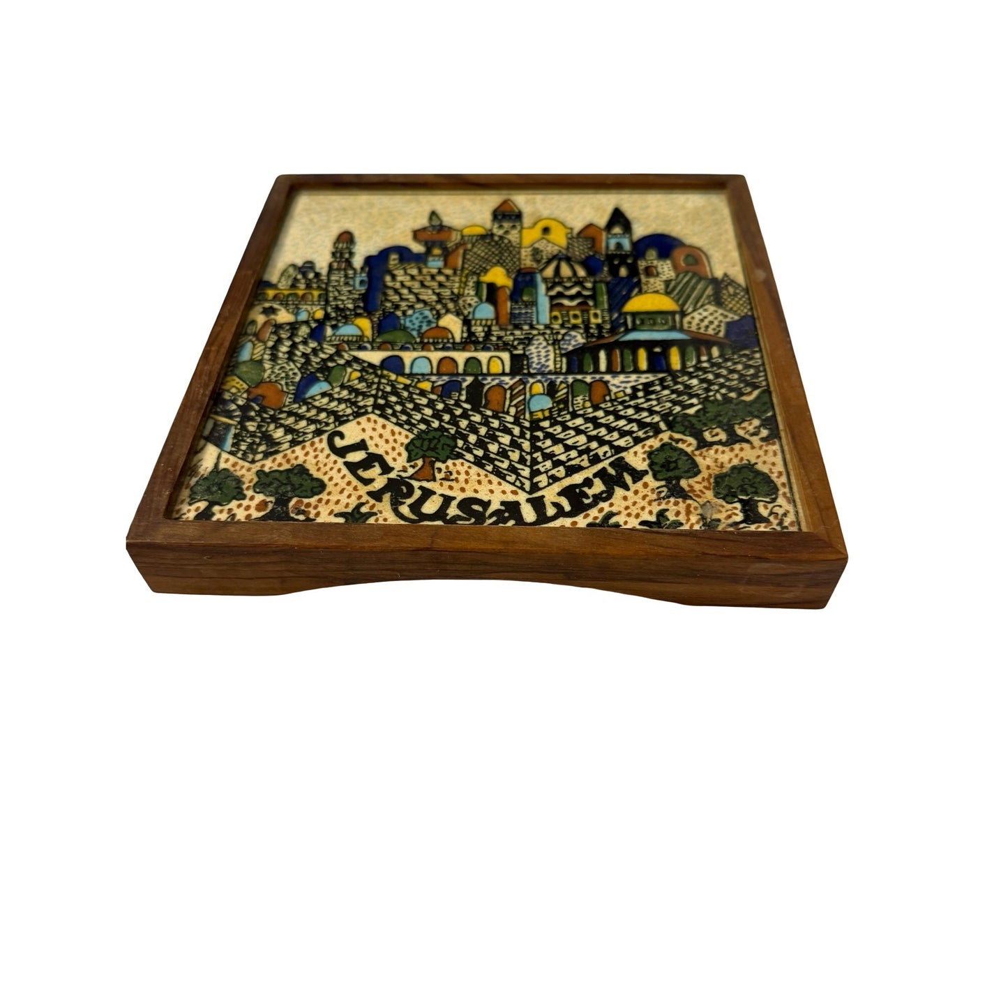 Vintage Jerusalem Framed Ceramic Tile Trivet Wall Plaque Israel Folk Art 6.25 Inch