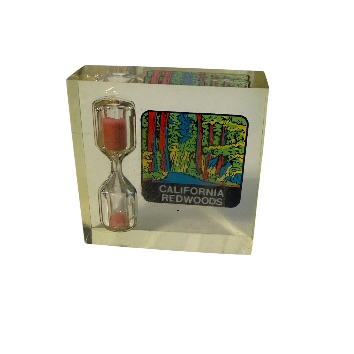 Vintage California Redwoods Lucite Sand Timer Souvenir Paperweight Hourglass 2x2