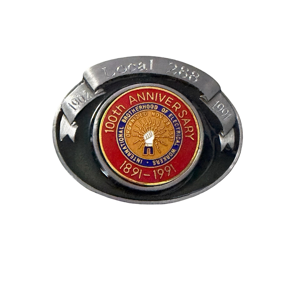 1991 IBEW Local 288 100th Anniversary Belt Buckle Hard Hat Buckles Made USA