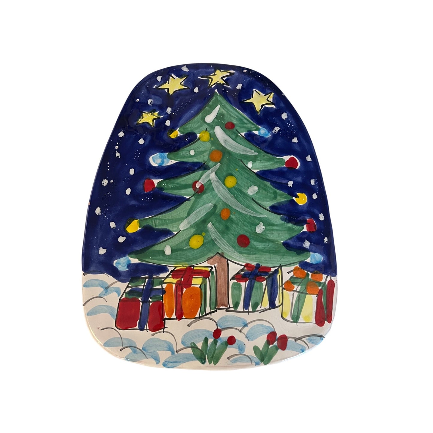 Vintage Hand Painted Christmas Tree Platter Italy Ceramic Holiday Plate 10”