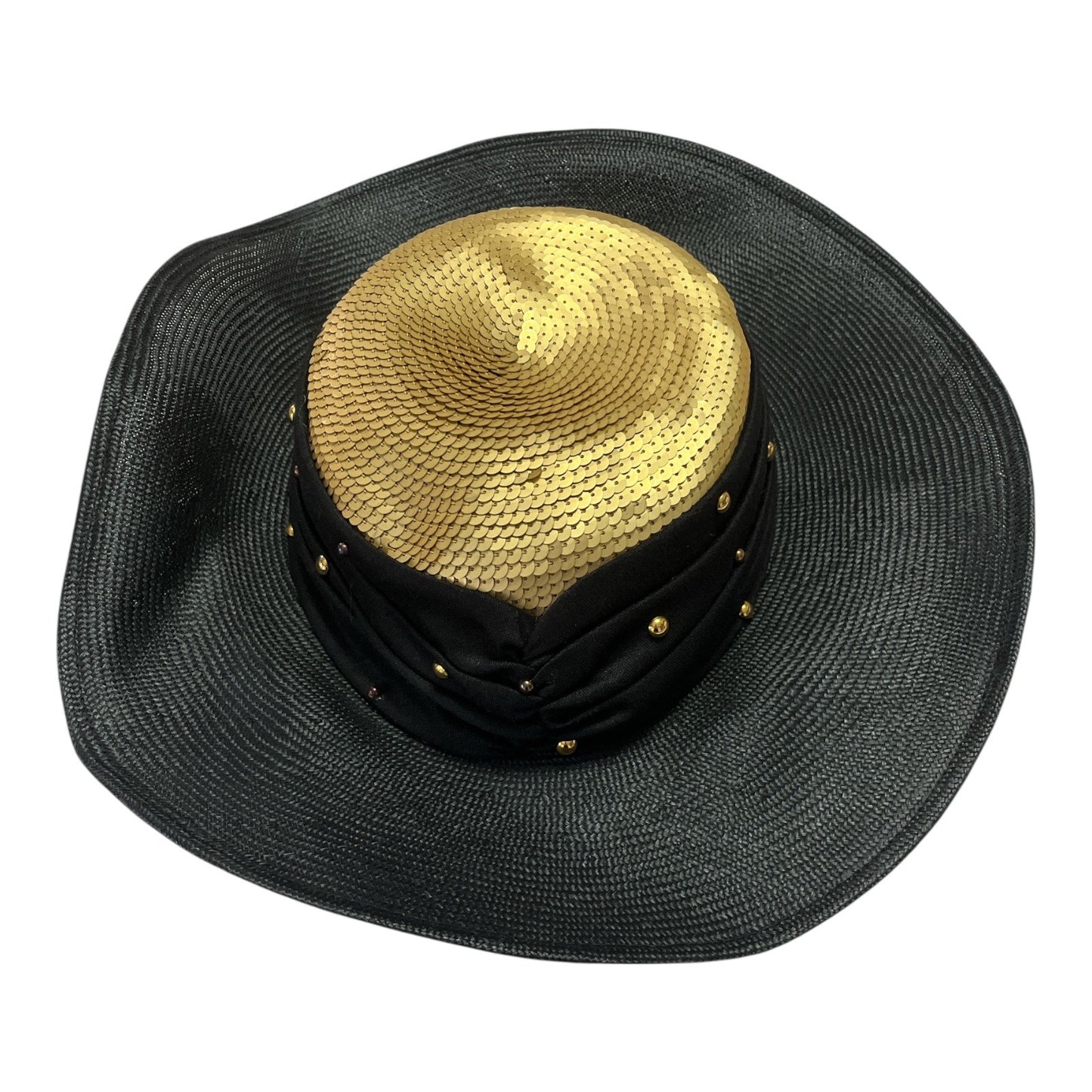 Vtg Whittall & Shon Black Wide-Brim Hat with Gold Sequin Crown & Studded Band