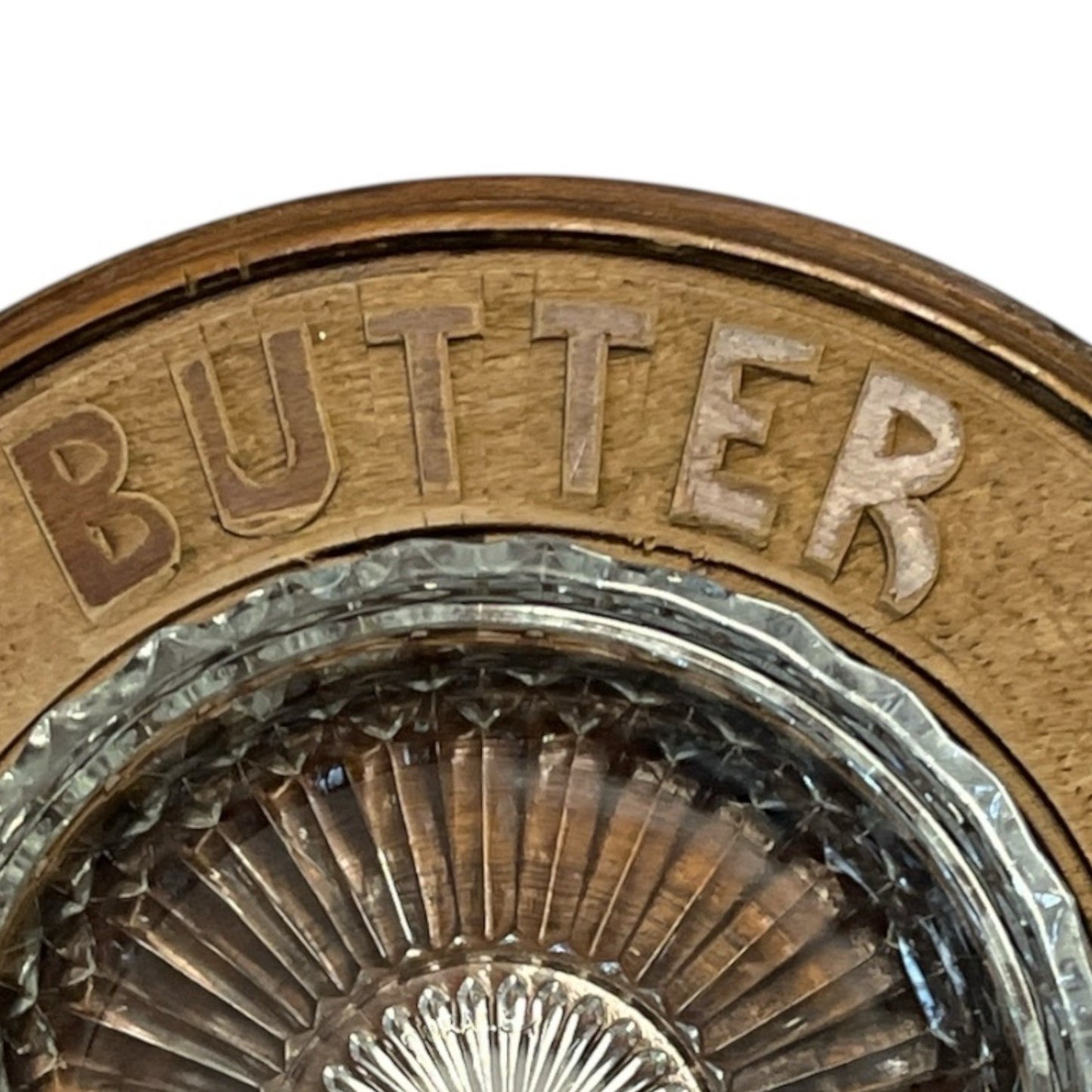 1950s Vintage Butter Dish – Carved Wood Board with Glass Duralex Insert – French Pressed Glass – Rustic Farmhouse Kitchen Decor