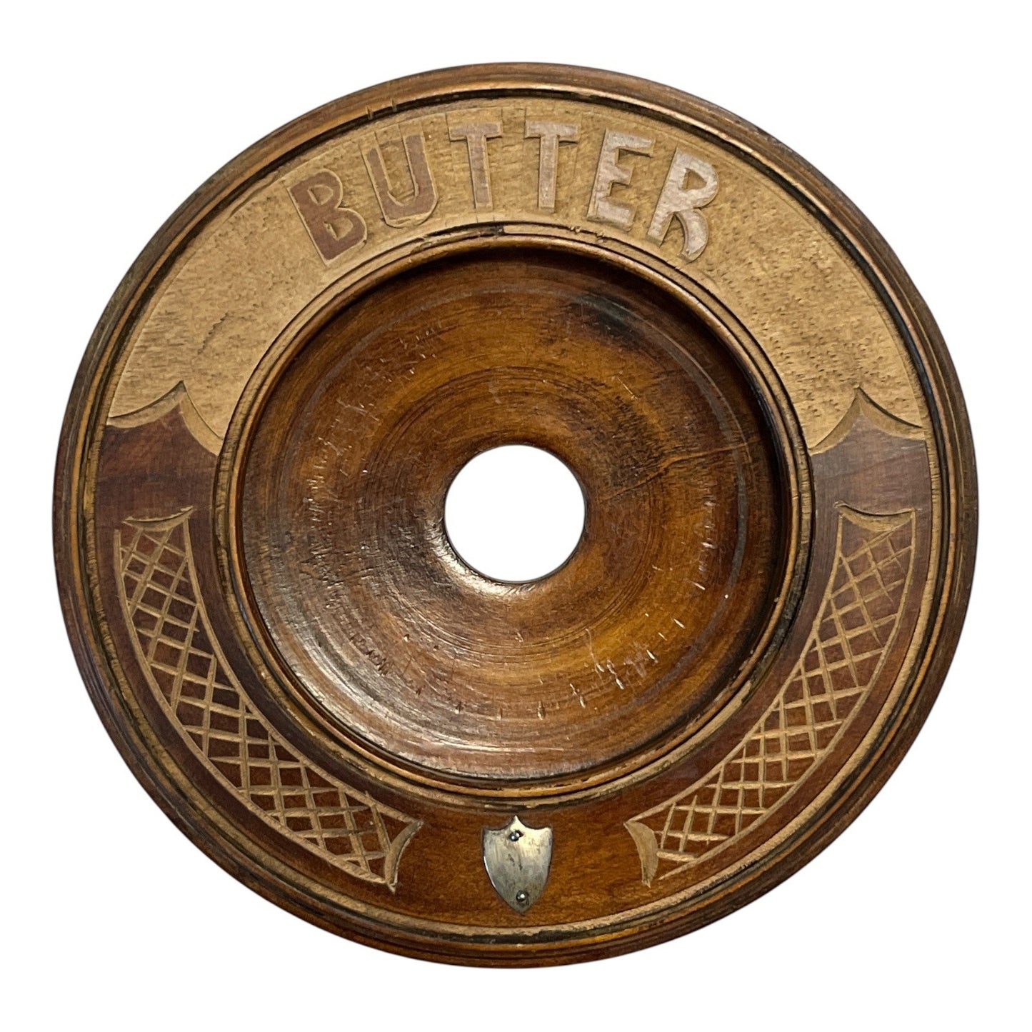 1950s Vintage Butter Dish – Carved Wood Board with Glass Duralex Insert – French Pressed Glass – Rustic Farmhouse Kitchen Decor