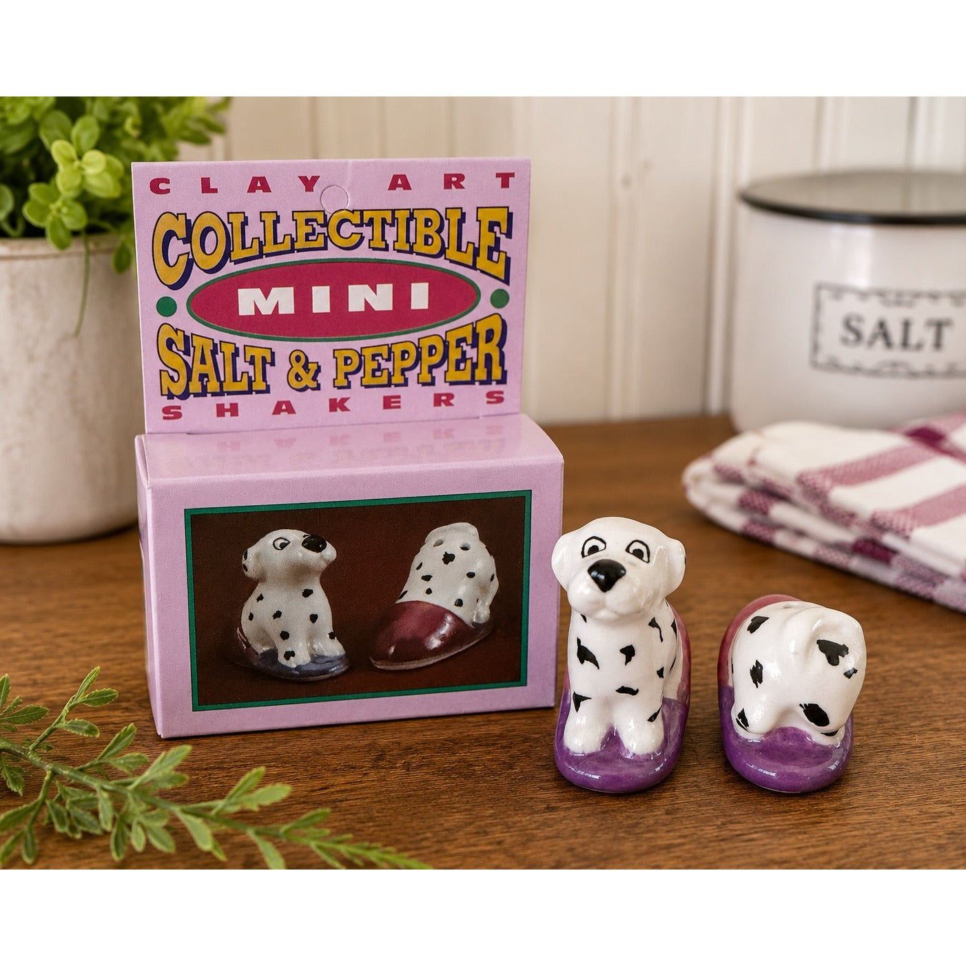 Clay Art Mini Dalmatian Puppies in Slippers Salt & Pepper Shakers with Box 1994