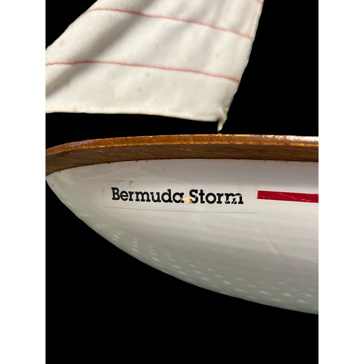 VTG Bermuda Storm Wooden Sailboat Model Bosun Boats Red White Sails Nautical Decor 18”