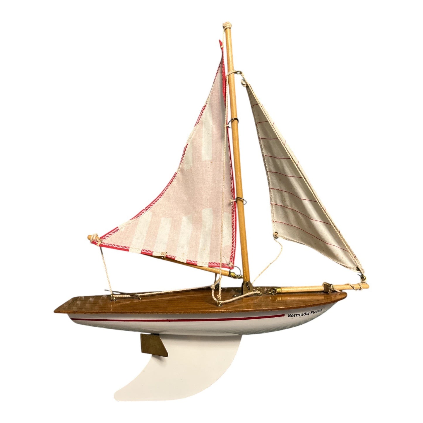 VTG Bermuda Storm Wooden Sailboat Model Bosun Boats Red White Sails Nautical Decor 18”
