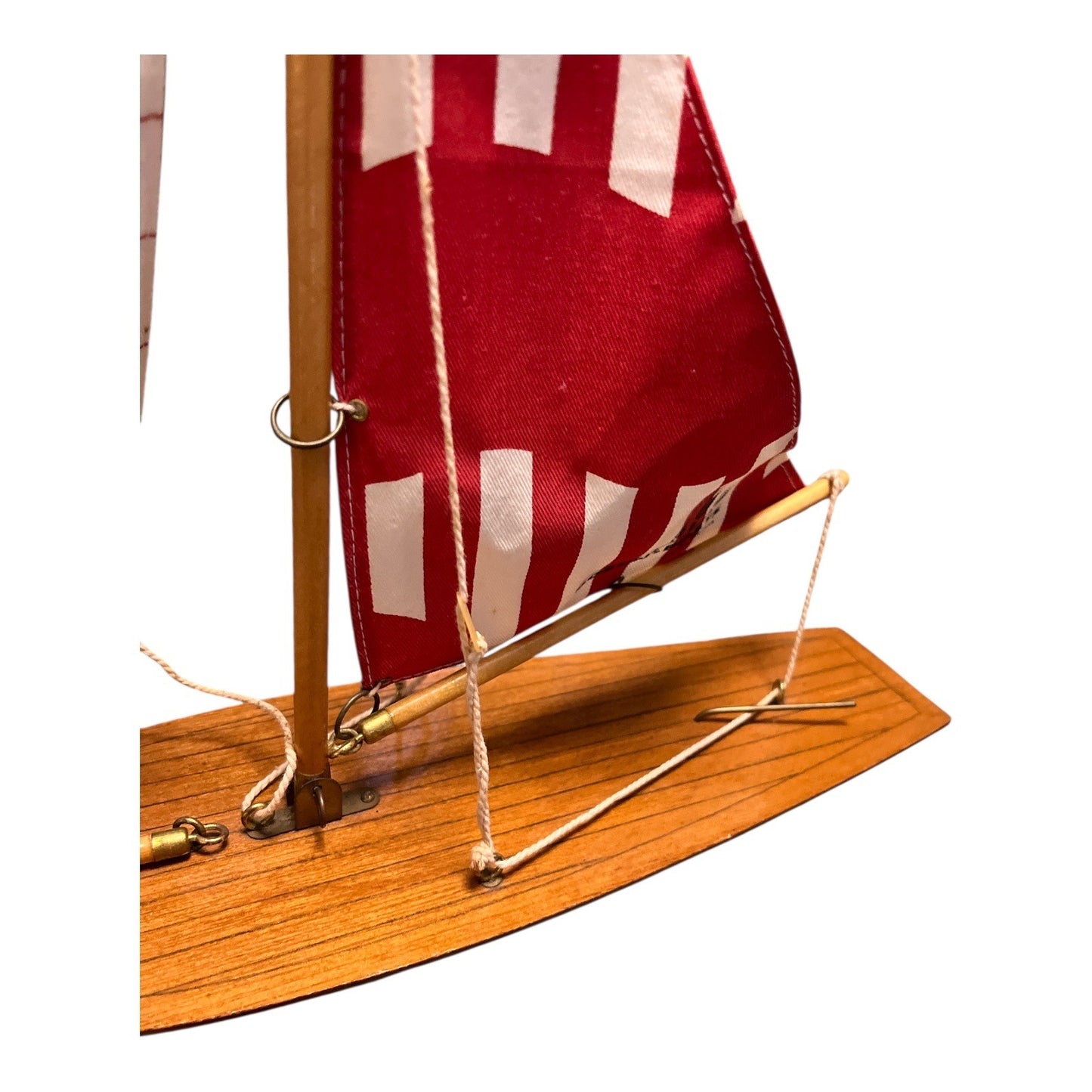 VTG Bermuda Storm Wooden Sailboat Model Bosun Boats Red White Sails Nautical Decor 18”