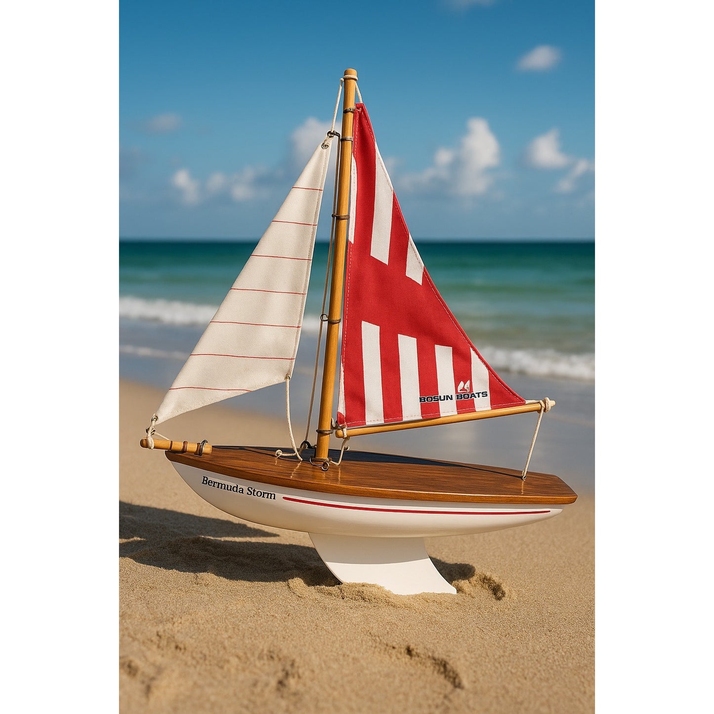 VTG Bermuda Storm Wooden Sailboat Model Bosun Boats Red White Sails Nautical Decor 18”