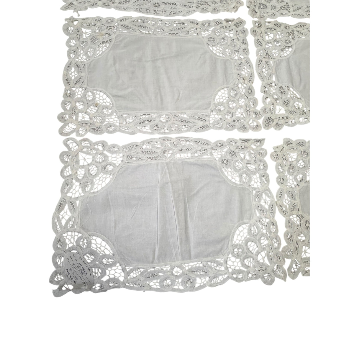Vintage B.M. Jabara Battenberg Lace Cotton Placemats Set of 6 White 18x12