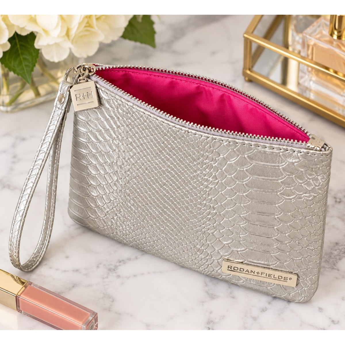 Rodan + Fields Silver Faux Snakeskin Wristlet Clutch Cosmetic Bag 7"