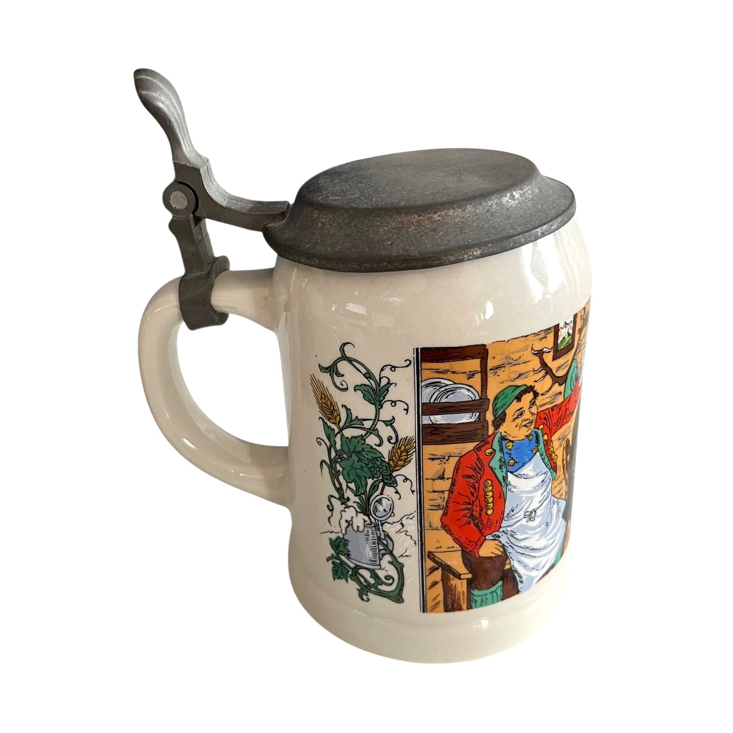 Vintage German Beer Stein Lidded Mug Zunft Szene Occupational Scene Pewter Lid 5.5”