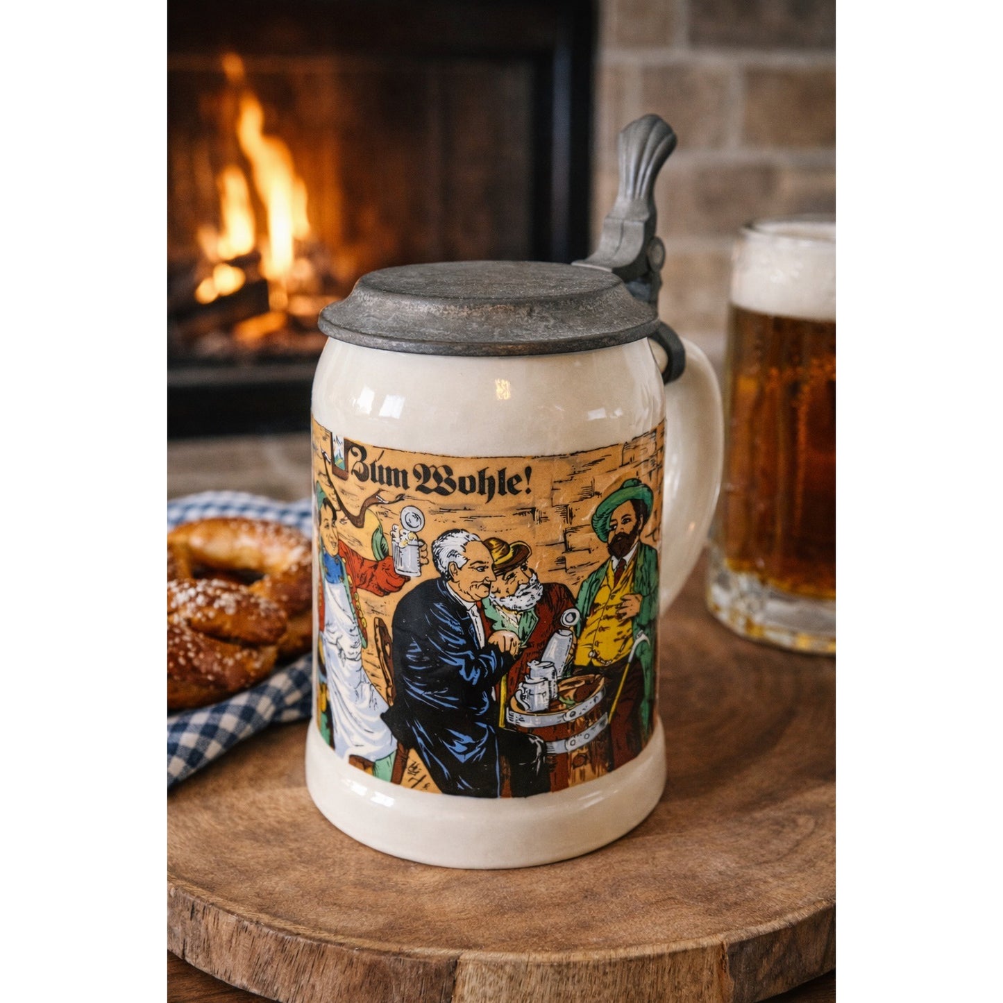 Vintage German Beer Stein Lidded Mug Zunft Szene Occupational Scene Pewter Lid 5.5”