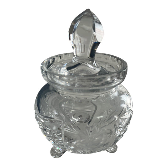 VTG Cut Crystal Condiment Jar with Spoon Notch – Footed Bohemian Style – Molded Script Mark