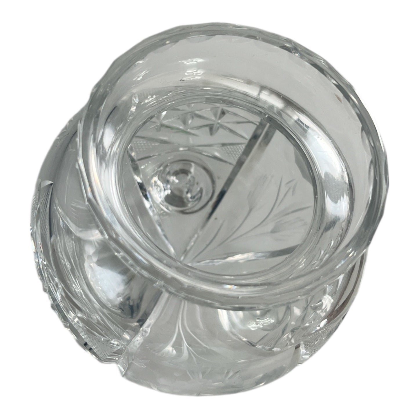 VTG Cut Crystal Condiment Jar with Spoon Notch – Footed Bohemian Style – Molded Script Mark